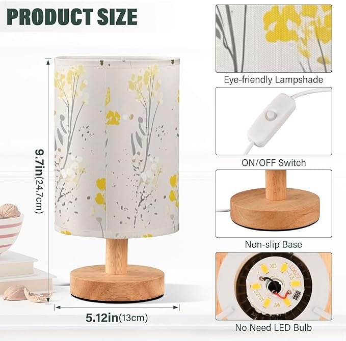Yellow Floral LED Table Lamp, Bedside Lamp with Linen Lampshade, Flicker-Free Eye Care USB Plug in Nightstand Lamp, for Bedroom and Office