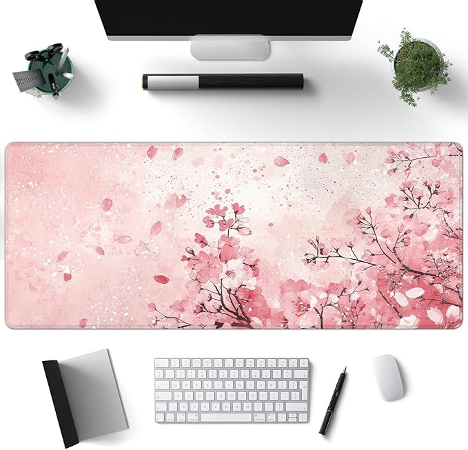 Desk Mat, Japanese Cherry Blossom XXL 35.4"x15.7"Large Gaming Mouse Pad, 3mm Thick Gaming Keyboard Pad,Desk Pad Non-Slip Rubber Base with Stitched Edges for Office Game Home Decor