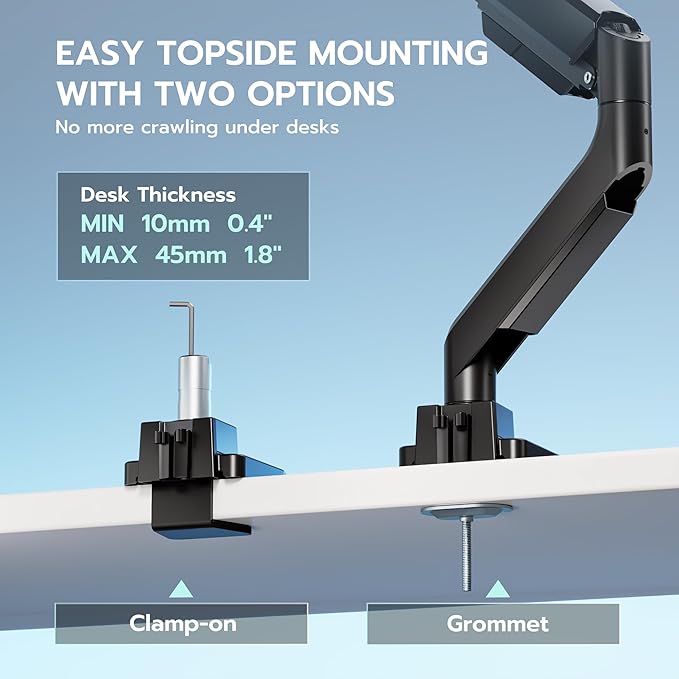 ARES WING Single Monitor Arm, Heavy Duty Adjustable Monitor Arm for 13"-49" Screens with USB, Gas Spring Desk Mount Stand with C Clamp/Grommet Mounting Base up to 40lbs Computer, Black