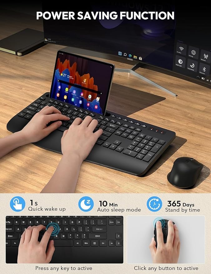 SABLUTE Wireless Keyboard and Mouse, Wrist Rest, Phone Holder, 2.4G Lag-Free Ergonomic Keyboards Mouse Combo, KM23D Silent Keyboard Cordless Set for Computer, Laptop, Windows (2 Pack)