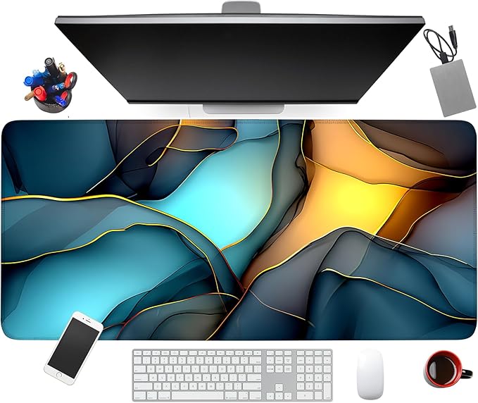 Large Mouse Pad & Keyboard Mat 35x16 Inches, Soft Blue Yellow Gradient Fluid Artistic Non-Slip Rubber Base Desk Mat, Large Extended Desk Protector for Home Office Gaming Setup