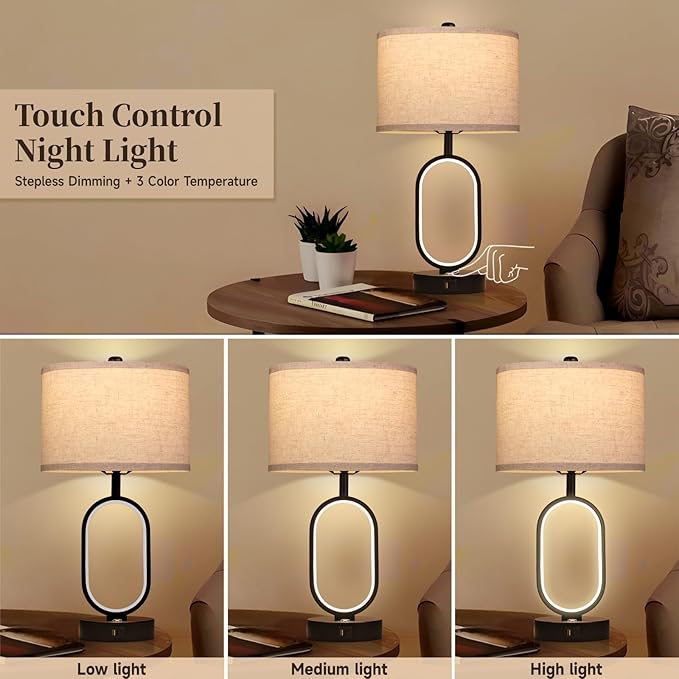 23" Bedside Lamps Set of 2, Farmhouse 3-Way Dimmable Touch Lamps for Nightstand, Built-in Night Light Bedside Table Lamp with USB A+C Ports, Black Table Lamp, LED Bulbs Included