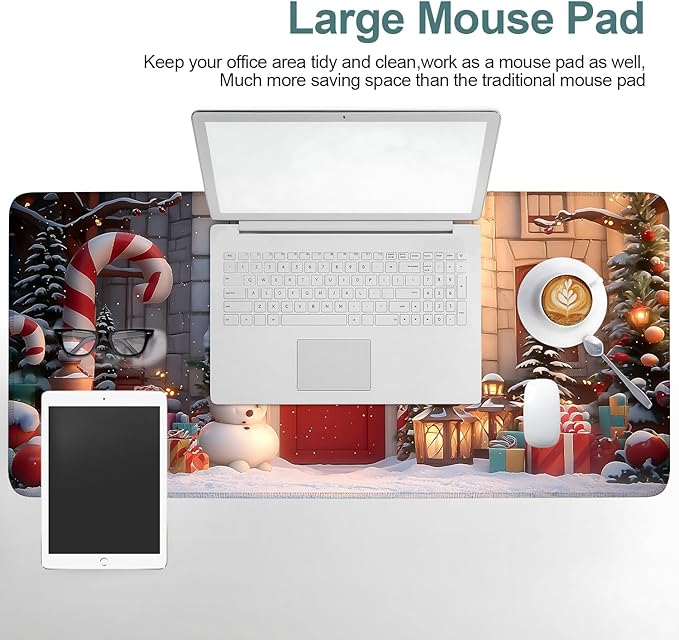 Christmas Scene Extended Gaming Mouse Pad 35.4x15.7Inch Large Desk Mat Anti-Slip Rubber Base & Durable Stitched Edges for Gamers Smooth Mouse Writing Surface for Desk Office/Home