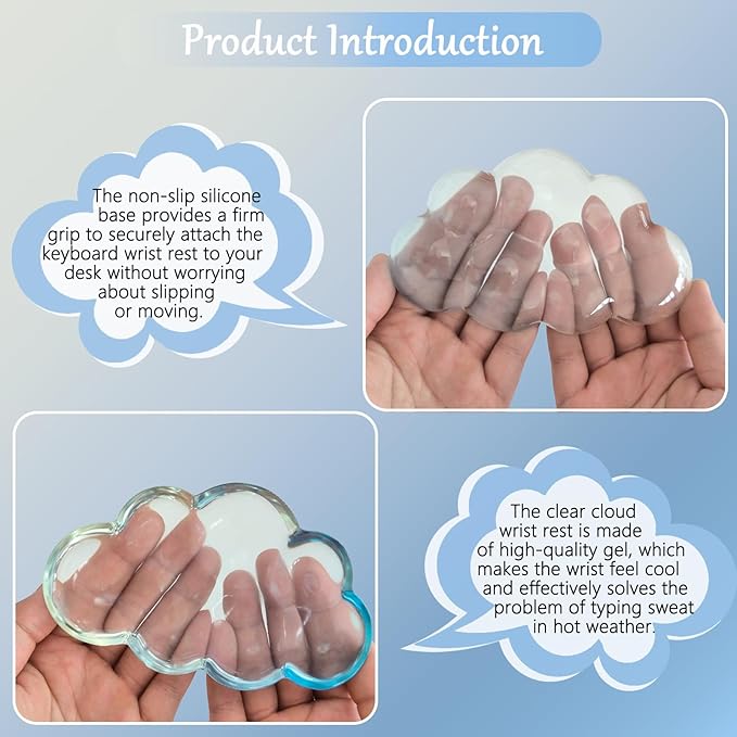Gel Cloud Keyboard and Mouse Wrist Rest Set Gradient Blue Keyboard Wrist Rest Transparent Ergonomic Cute Mouse Wrist Pad Silicone Non-Slip Clear Wrist Rest for Computer Keyboard 60%68% 75% Home Office
