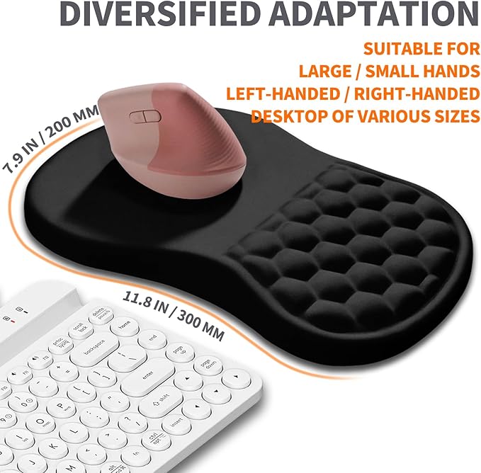 Ergonomic Joint Wrist Support Mouse Pad with Memory Foam Cushion Massage Bump, Carpal Tunnel Mousepad Slope Design for Wrist Rest, 11.8x7.9 in, Black
