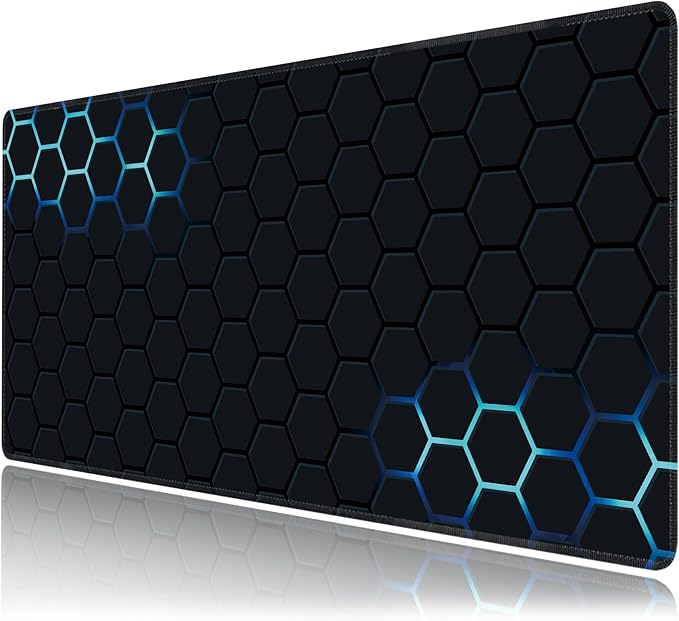 Desk Mat, Hexagon Blue Honeycomb XXL 35.4"x15.7"Large Gaming Mouse Pad, 3mm Thick Gaming Keyboard Pad,Desk Pad Non-Slip Rubber Base with Stitched Edges for Office Game Home Decor