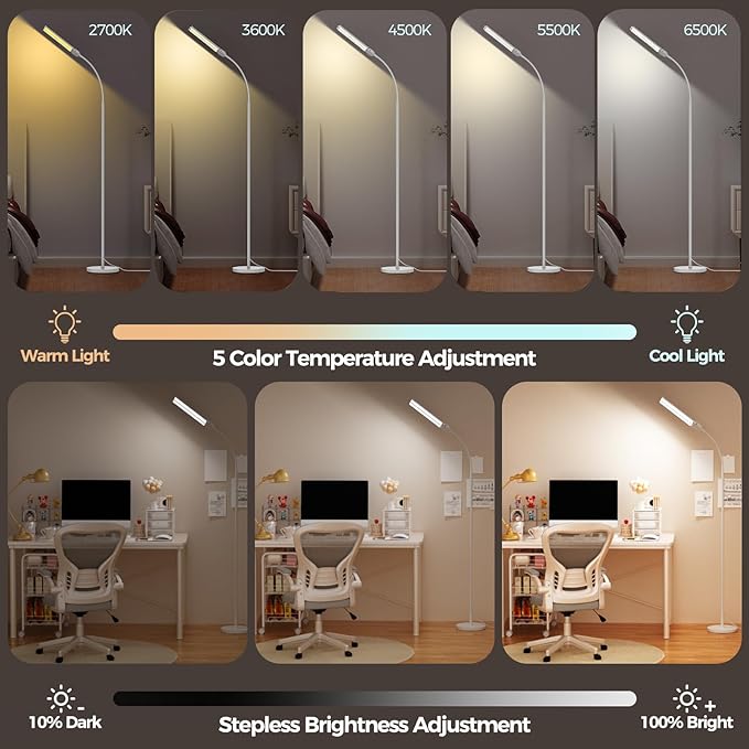 LED Floor Lamp for Living Room, Bright Reading Lamps for Office, Adjustable Colors Temperatures&Brightness, Dual Head Goose Neck Standing Lamp, Remote and Button Control, Eye-Caring Tall Lamp, White
