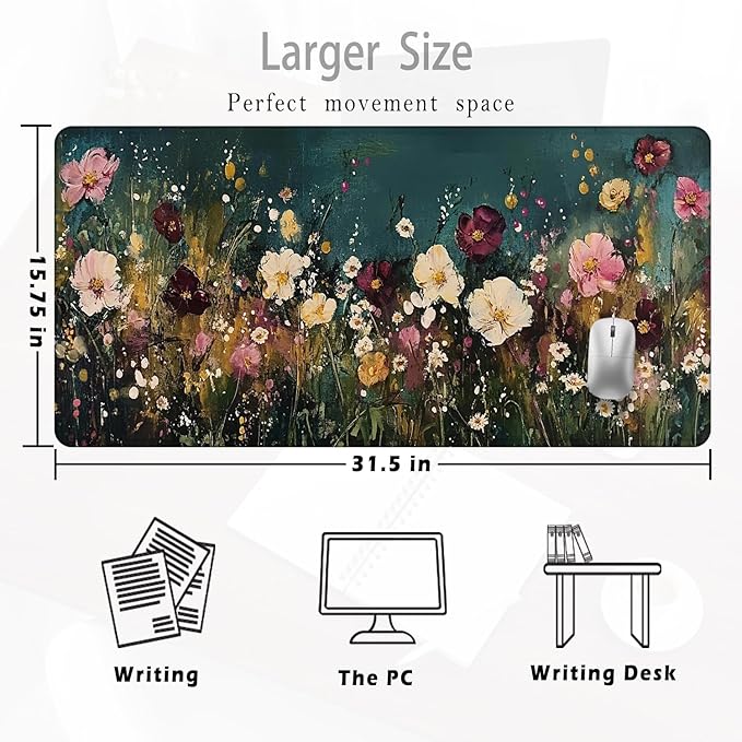 Vintage Wildflower Large Mouse Pad 31.5x15.7inch, Retro Floral Large Extended Computer Desk Mat Mousepad for Keyboard and Mouse, Floral Desk Accessories