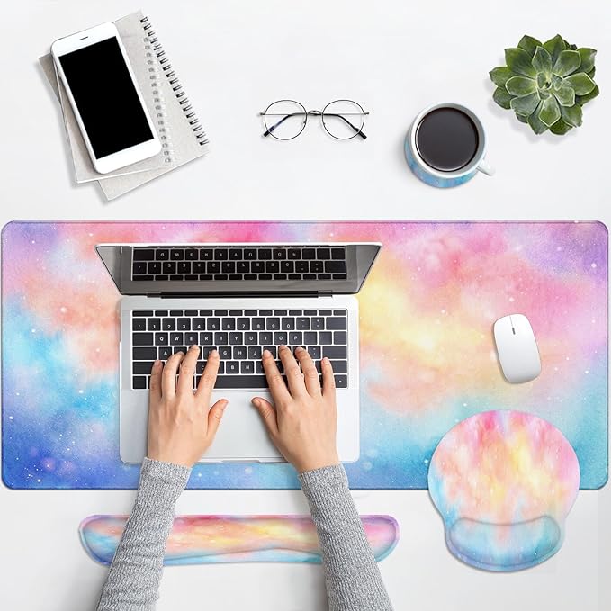 Arttown Iridescent Cloud Desk Mat Cute Mouse Pad Set 4 in 1 Colorful Starry Sky Ergonomic Design Large Desk Pad + Keyboard Wrist Rest + Mouse Wrist Rest + Coaster Suitable for Home Office Study Game