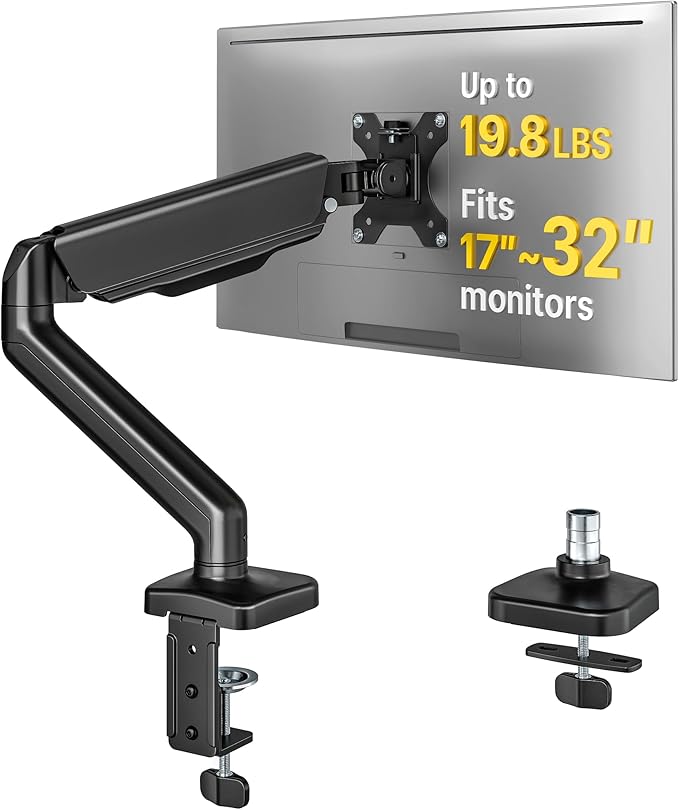monTEK Single Monitor Arm Fully Motion Adjustable Monitor Mount Fits 17-32 inch Screens Desk Monitor Stand up to 19.8lbs with Clamp/Grommet, Cable Management, Quick Release Plate, VESA 75/100mm