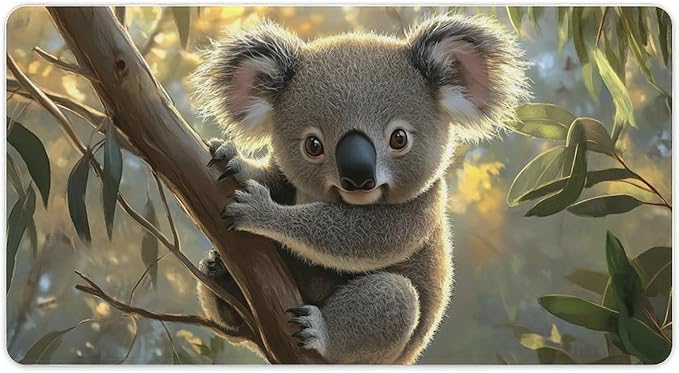 Large Ergonomic Gaming Mouse Pad Baby Koala on Eucalyptus Branch - Adorable Wildlife Theme with Non-Slip Base Water-Resistant Surface and Stitched Edges 40X75cm