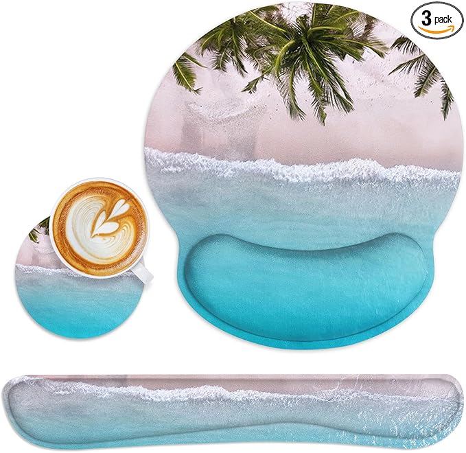 Britimes Blue Ocean Mouse Pad 3pcs Set with Wrist Support Non-Slip Rubber Base Ergonomic Pad, Summer Beach Mouse Wrist Cushion Support and Coasters for Home Office Gaming Easy Typing