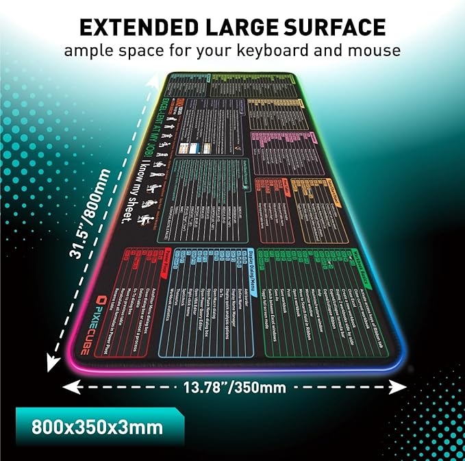 Excel Shortcut Keys LED Mouse Pad - Colorful RGB Luminous Extended Large Cheat Sheet Gaming Mousepad| PC Office Spreadsheet Keyboard Mat| Non-Slip Stitched Edge