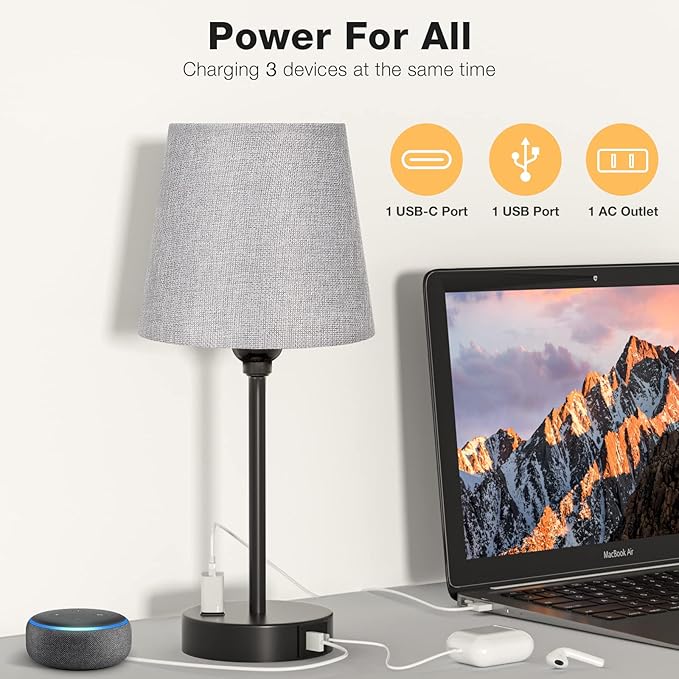 Grey Bedside Lamps for bedrooms Set of 2 - Nightstand Bedroom Lamp with USB C Port and AC Outlet Charging, 3 Way Dimmable Touch Control Small Bed Side Table Lamp, Night Stand Light for Kids/Guest Room