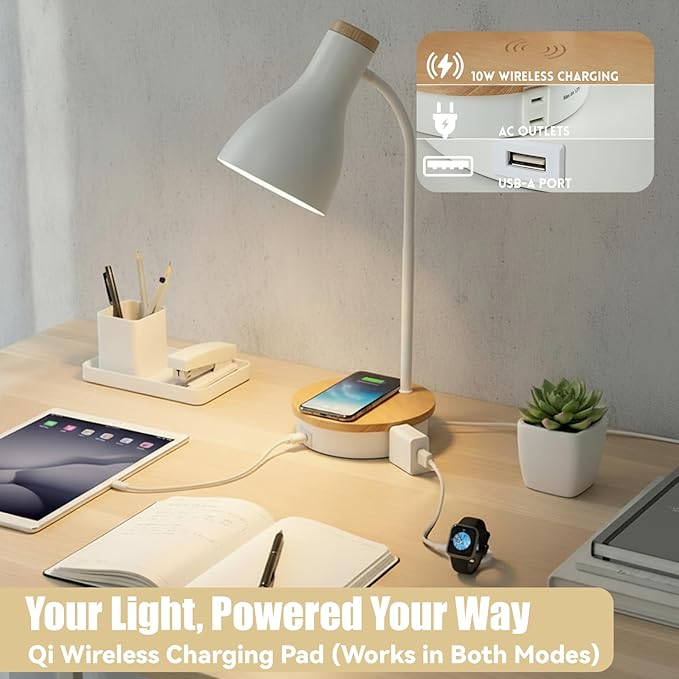 Desk Lamp for Home Office, 10W Wireless Charger Desk Light with USB C+AC Charging Ports,3 Ways Dimming Reading Light, Touch Table Lamp for College Dorm Room (White-Fast Charging (10W))
