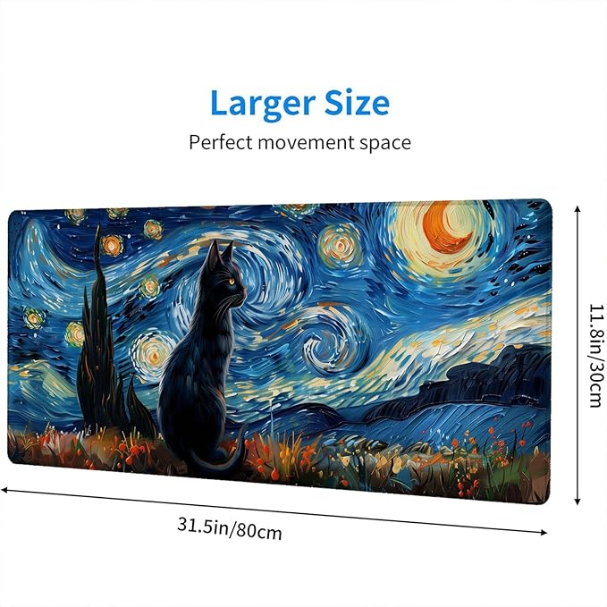 Starry Sky Black Cat Gaming Mouse Pad Starry Night Cute Cartoon Extended Gaming Mouse Pad Mat with Stitched Edge Non-Slip Base Big Mouse Pad 31.5"x11.8" Office Computer Keyboard Laptop Home