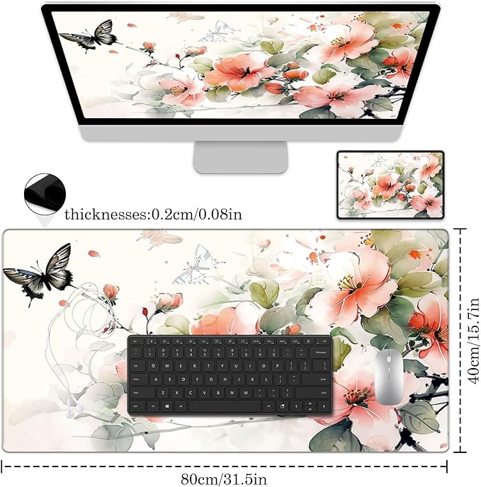 Flower and Butterfly Desk Protector, Stitched Edges Mouse Mat, Large Office Mat, Non-Slip Blotter, Laptop Pad, Writing Pad for Office and Home (31.5" x 15.7")