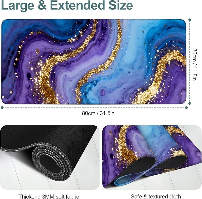 Blue Marble Extended Gaming Mouse Pad 31.5x11.8inches Large Desk Mat Anti-Slip Rubber Base & Durable Stitched Edges for Gamers Smooth Mouse Writing Surface for Desk Office/Home
