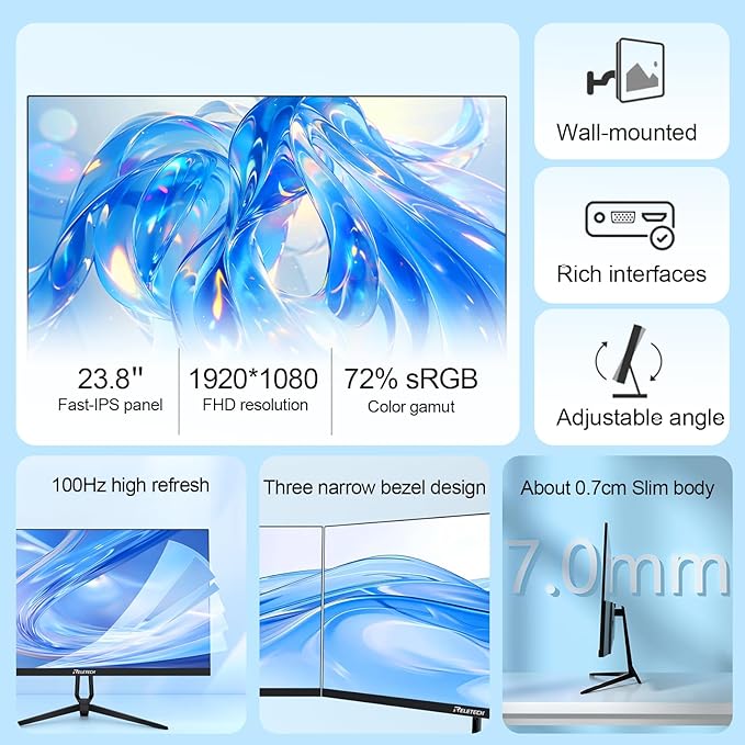 23.8 Inch Computer Monitor, FHD 1080P 100Hz Fast-IPS Gaming Monitor with Eye Care, 100% sRGB, Low Blue Light, VESA Mount, HDMI VGA Ports for Home Office (R23 Pulse)