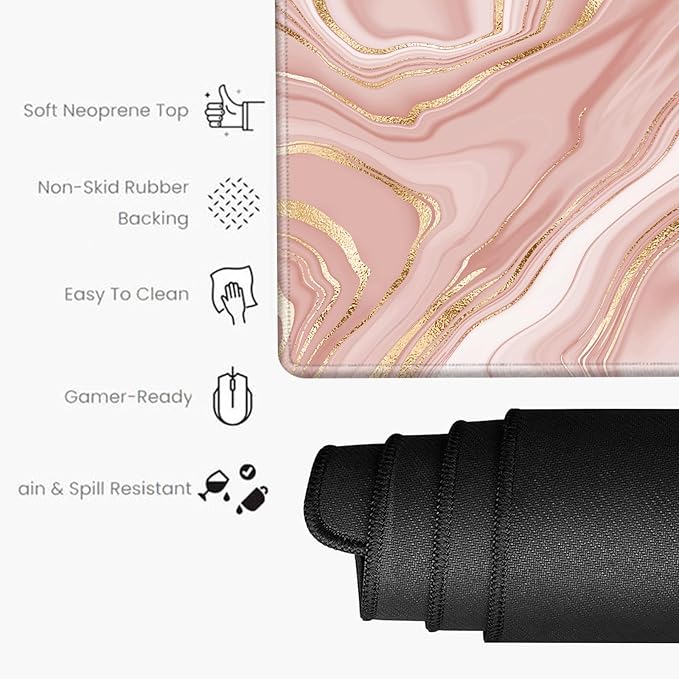 Gaming Mouse Pad Large Mousepad Pink Marble Desk Mat XXL Big Desk Pad 31.5x15.75 Rubber Base Computer Pad with Stitched Edges Mouse Mat for Work Game Home Office