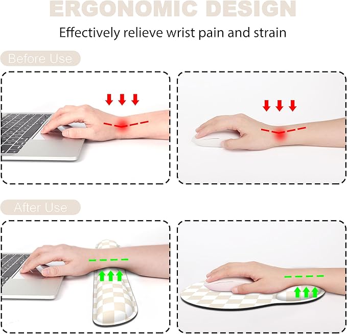 Ergonomic Mouse Pad with Wrist Rest and Keyboard Wrist Rest, Mousepad and Keyboard Pad, Non-Slip Rubber Base, Mouse Pad with Wrist Support for Gaming, Computer, Office, Beige Checkered