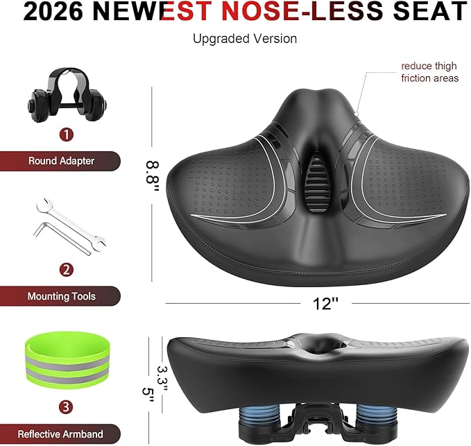 BLUEWIND New Noseless Oversized Bike Seat, Wide Bicycle Saddle Novel Backrest Design for Electric Bike, Universal Fit Exercise Bike or Road Stationary Bike Seat Cushion for Men & Women