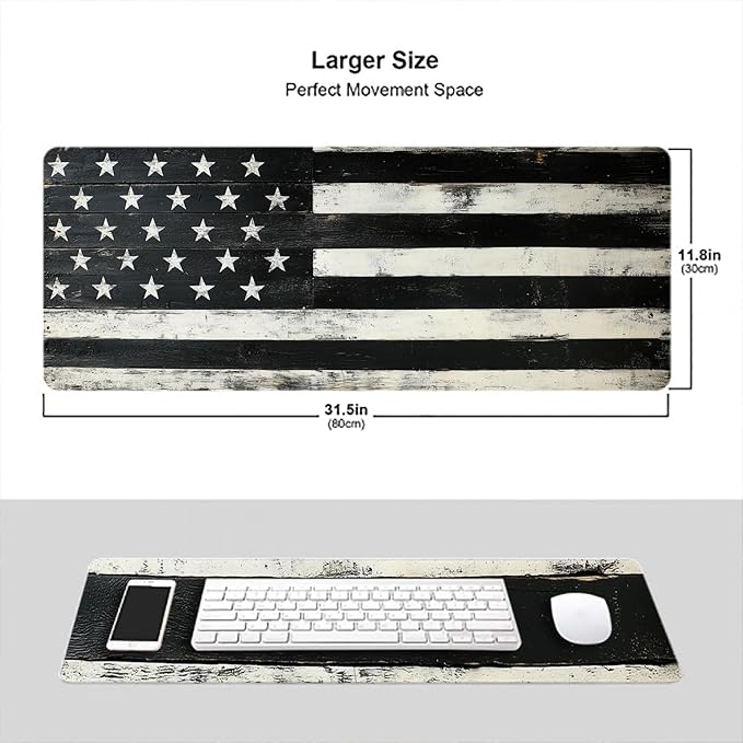 Wood American Flag Gaming Mouse Pad Black and White Stripes Rustic Mousepad XL Large Gaming Mouse Pad Laptop Keyboard Mat Desk Pad 31.5"x11.8" Office Computer Keyboard Laptop Home
