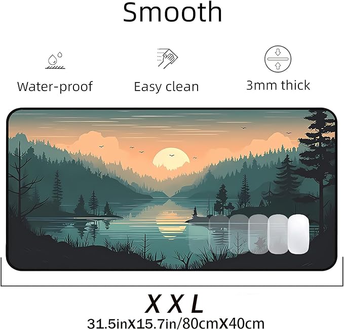 Sunset Lake Mouse Pad XXL, Green Forest Plant Desk Pad, Large Computer Pad, Game Mouse Mats Large, Full Desktop Pad, Natural Landscape Desktop Decor Home Office Desk Accessories 31.5"X15.7"