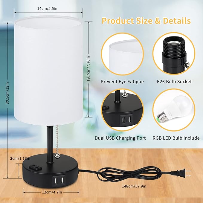 Bedside Table Lamps for Bedrooms Nightstand Lamp RGB Color Changing Bedside Lamp with 2 USB Charging Port and AC Outlet, 3 Way Dimmable Small Modern Lamp for Home Living Room Bedroom Party