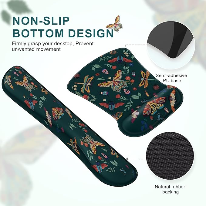 iCasso Ergonomic Mouse Pad with Wrist Rest, Keyboard Wrist Rest Mouse Wrist Rest, Made of Memory Foam, Easy Typing and Relieve Wrist Pain for Computer Keyboard Office(Green Butterfly)