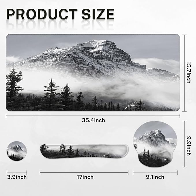 Arttown Mountain Forest Desk Mat Gray Mouse Pad Set 4 in 1 Tree Mist Cloud Ergonomic Design Large Desk Pad + Keyboard Wrist Rest + Mouse Wrist Rest + Coaster Suitable for Home Office Study Game