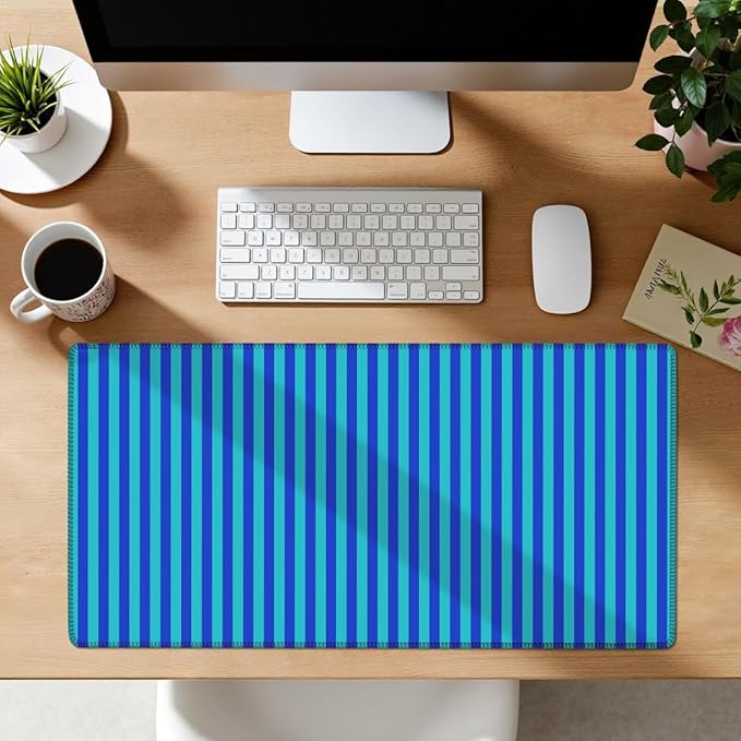 Blue Teal Striped Desk Mat Cute Pastel XXL Large Gaming Mouse Pad Desk Pad Kawaii Aesthetic Home Office Decor Cozy Keyboard Laptop Computer Mat
