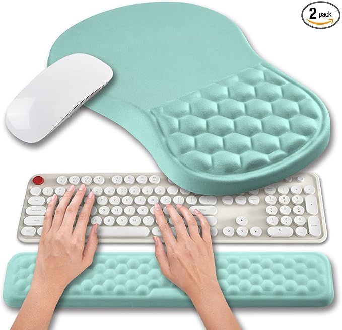 Hokafenle 2 in 1 Ergonomic Mouse Pad Wrist Support & Wrist Rest for Computer Keyboard Set, with Memory Gel Massage Bulge Design (2In1 Set, Light Blue)