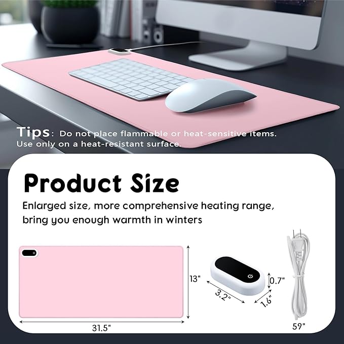 Konohan Heated Desk Pad Warm Mouse Pad, 5 Heating Level & 4 Hour Auto Shut-Off, PU Leather Warm Mouse Mat Heating Keyboard Gaming Mice Warmer Mat Only Supports 110v(Pink Color,31.5" X 13")