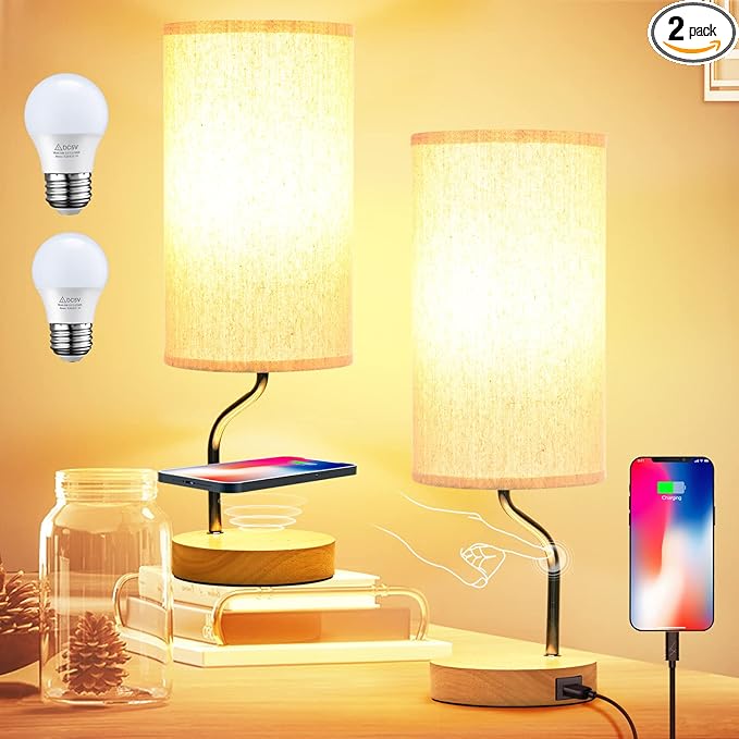 Smart Bedside Table Lamp Set of 2 with Wireless Charger & USB Port - Touch Control LED Desk Lamp for Bedroom, Dimmable Wooden Nightstand Lamp with Fabric Shade for Living Room, Kid's Room,(Cream)