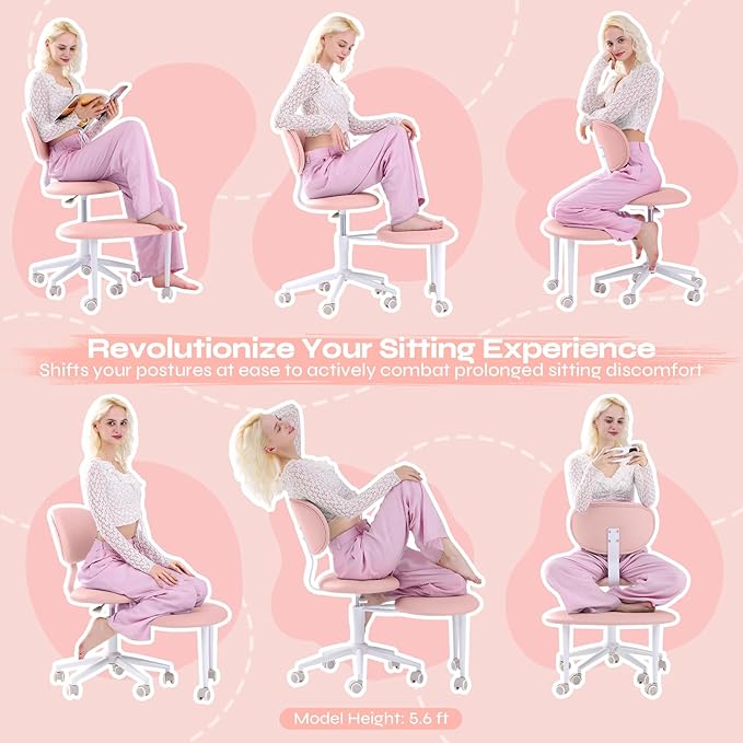 Ergonomic Cross Legged Office Chair with Wheels, ADHD Chair for Adults, Meditation Chair, Yoga Office Chair, Comfortable Back Support, Height Adjustable,Small Spaces, PU Leather, Pink