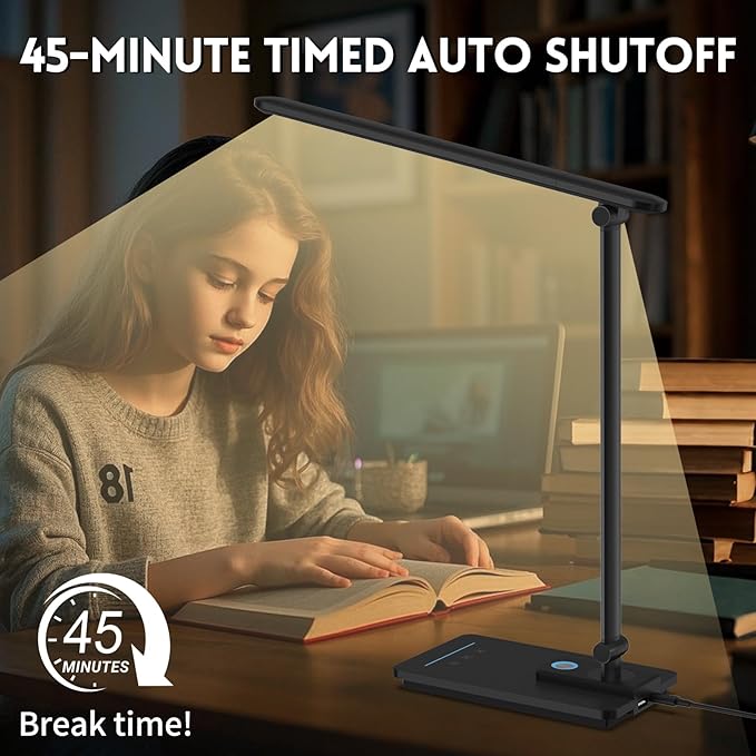 LED Desk Lamp for Home Office, USB Charging Port, Reading Desk Light with 5 Color Temperatures, Stepless Dimming, Table Lamp with Timer, Night Light, Foldable Desk Lamp for College Dorm Room (Black)