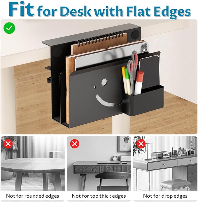 Onemake 2 Tier Desk Side Storage, Funny Smile Clamp on Desk Shelf with Magnetic Pen Holder, Hanging Desk Organizer for Home Office, Fits Flat Edge Tables 0.4" to 2.3"