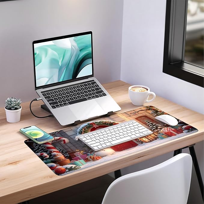 Christmas Scene Extended Gaming Mouse Pad 35.4x15.7Inch Large Desk Mat Anti-Slip Rubber Base & Durable Stitched Edges for Gamers Smooth Mouse Writing Surface for Desk Office/Home