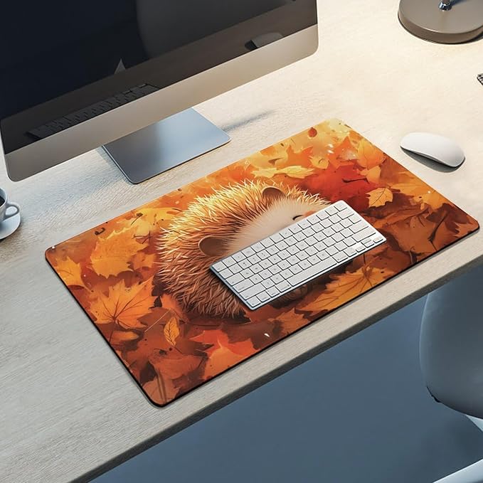 Large Ergonomic Gaming Mouse Pad Cozy Hedgehog in Autumn Leaves - Cute Forest Animal Theme with Non-Slip Base Water-Resistant Surface and Stitched Edges 40X75cm