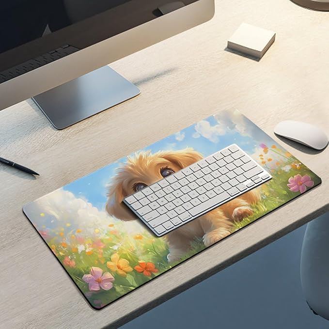Large Ergonomic Gaming Mouse Pad Happy Puppy in Sunny Field - Lovable Dog Theme with Non-Slip Base Water-Resistant Surface and Stitched Edges 30x60cm