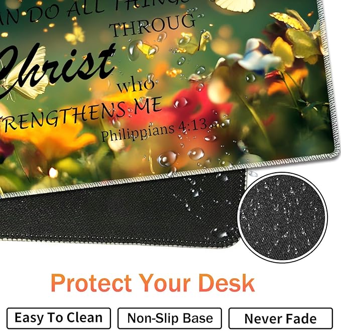 Extended Non-Slip Mouse Pad + Mouse Wrist Rest + Lace-Shaped Coaster Set, Ergonomic Design, Suitable for Desk and Home Gaming Table Mat, Butterflies and Philippians 4-13