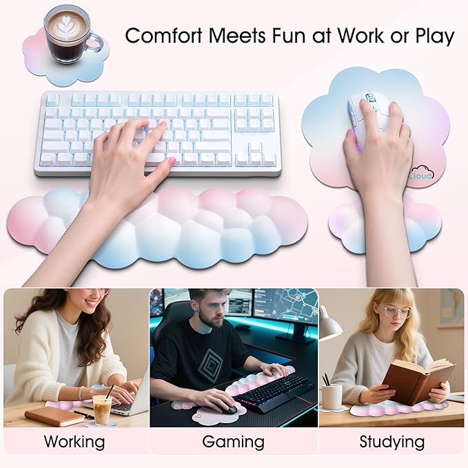 Cloud Wrist Rest for Computer Keyboard, 4-in-1 Memory Foam Leather Cloud Keyboard Wrist Rest and Mouse Pad Set with Ergonomic Support for Arm and Palm Cushion, Gaming/Work Setup, Rainbow