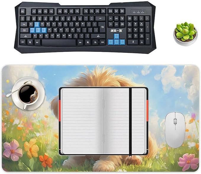 Large Ergonomic Gaming Mouse Pad Happy Puppy in Sunny Field - Lovable Dog Theme with Non-Slip Base Water-Resistant Surface and Stitched Edges 40X75cm