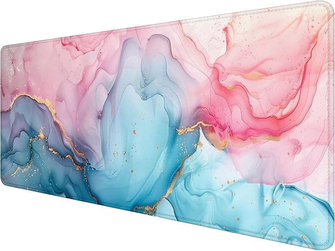 Pink Cyan Marble Desk Mat Blue Gold Marble Mousepad XL Large Gaming Mouse Pad Laptop Keyboard Mat Desk Pad 31.5"x11.8" Office Home Decor for Women Girl