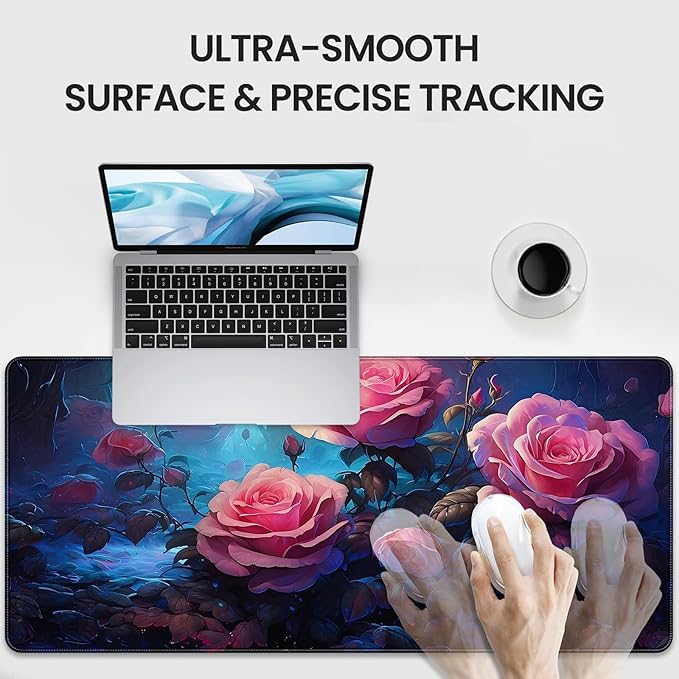 Extended Mouse Pad, Pink Roses Floral Design, 35.4 x 15.7 Inches, Microfiber Cloth Surface with Non-Slip Rubber Base, Rectangular Gaming Desk Mat