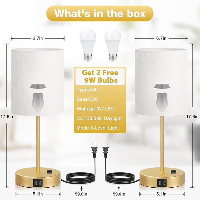 Gold Touch Lamps for Nightstand Set of 2 - Bedside Table Lamp for Bedroom with Dual USB Ports & AC Outlet, 3-Way Dimmable Lamps for Living Room Boys Room, Night Light with 5000K Daylight Bulbs