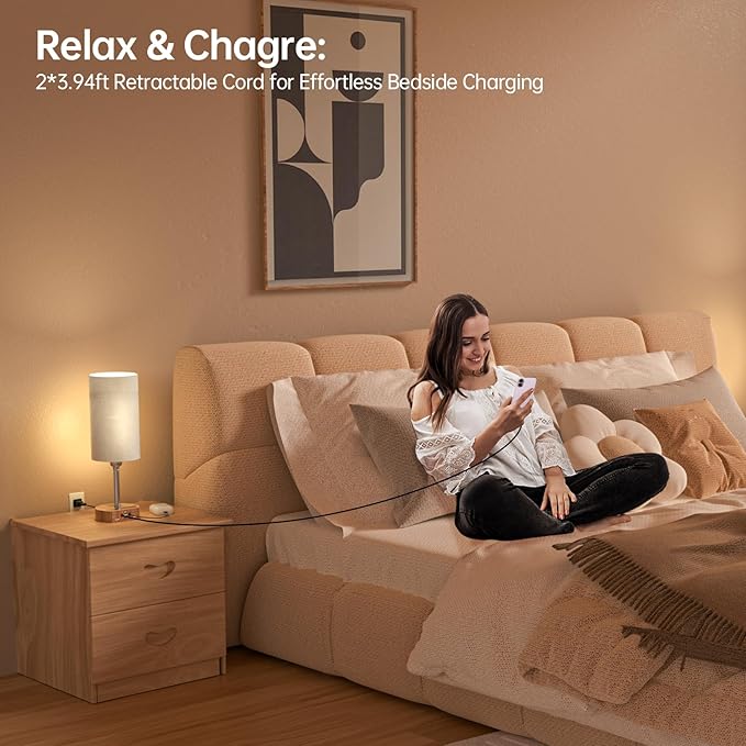 Bedside Lamp with Charging Station 74W【2 * 3.94ft Retractable Cords & 2 USB Ports】, 3 Way Dimmable Touch Lamps for Nightstand with LED Bulb, Small Desk Lamp, Set of 2, Brown Wood Grain