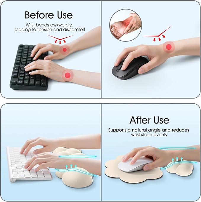 Cloud Wrist Rest Keyboard Cushion, 4-in-1 Ergonomic Cloud Keyboard Wrist Rest and Mouse Pad Set with Memory Foam Arm Support for Palm, Cute Desk Accessory for PC Gaming Setup, Beige