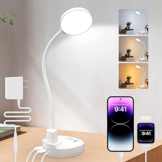 15W LED Desk Lamp with USB Charging Ports – Dimmable Table Lamp with 3 Color Temps, 5 Brightness, 4 Timers, Flexible Gooseneck Light with Base, Eye-Caring Reading Light for Home Office, Bedroom, Study